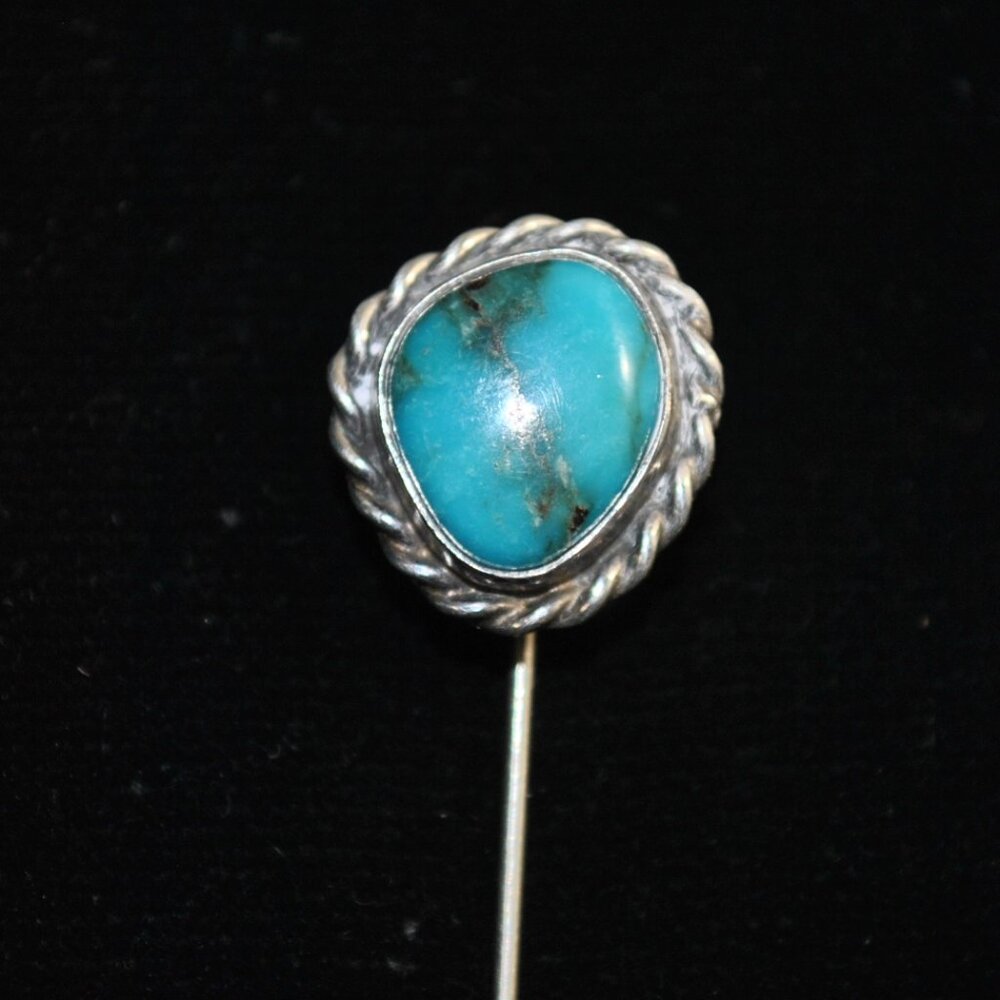 Vintage/Antique Unmarked Sterling Silver Stick Tie Pin with Turquoise Stone